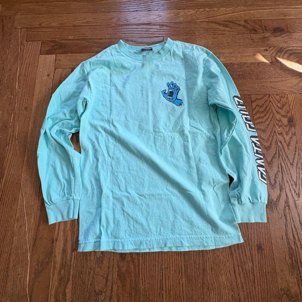 Santa Cruz Screaming Hand Long‎ Sleeve T-Shirt Small S Aqua Blue Skate Surf